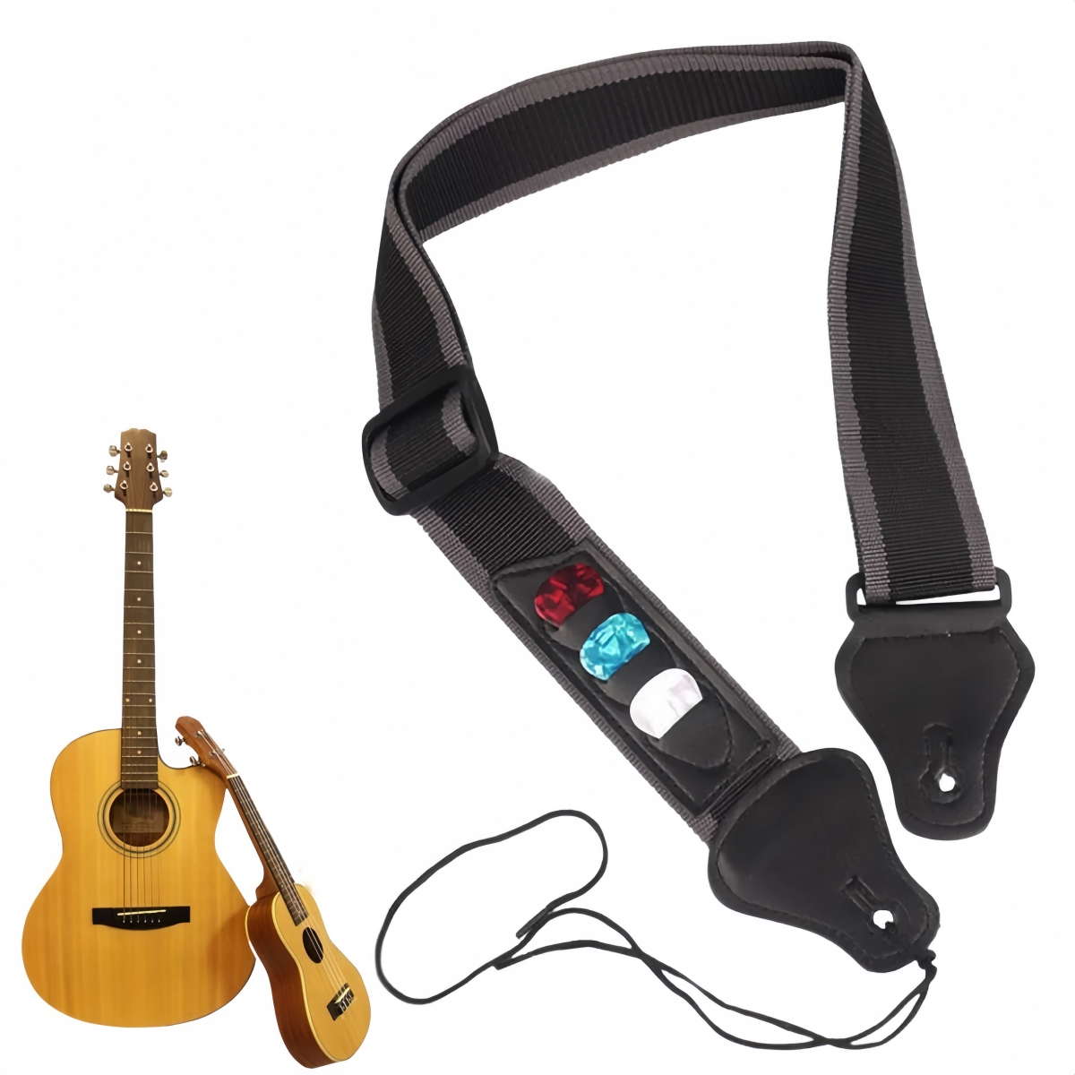 Electric Guitar Pick Pack - สายสะพายกีตาร์หนัง PU มิวาเยอร์,สายสะพายไหล่ปรับได้พร้อมที่เก็บปิ๊กกีตาร์ 3 ชิ้นสำหรับเบสไฟฟ้าและอะคูสติก
