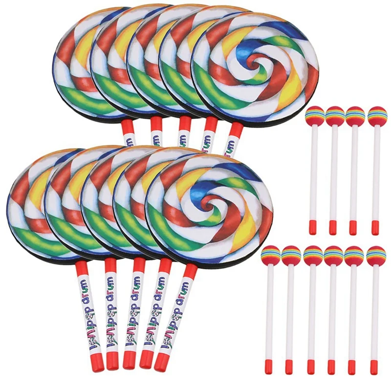 Audio Music Lollipop - 10ชิ้น7.9นิ้วกลองรูปร่างอมยิ้มที่มีสีรุ้งค้อนดนตรีตะลุมพุกเครื่องดนตรีเด็กทารกเด็กเล่นของเล่น