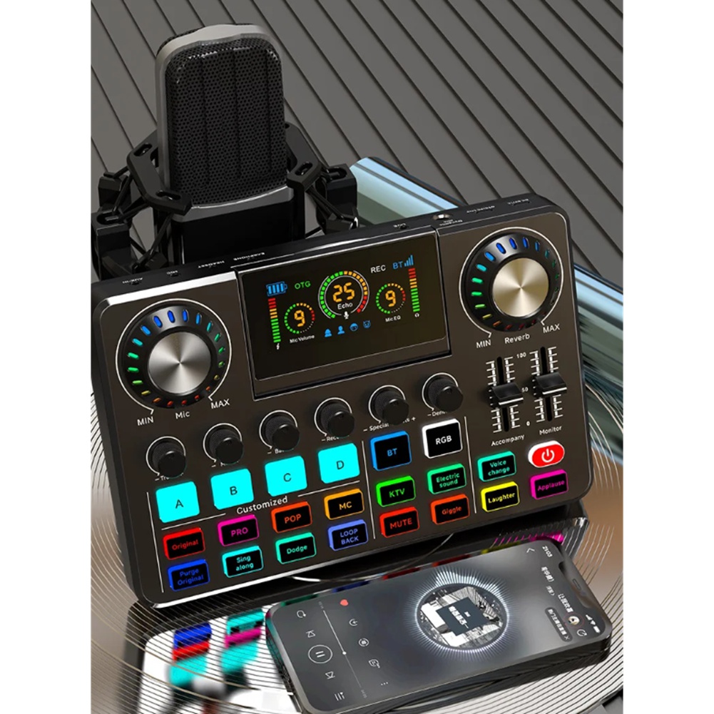 Audio Music Voice Changer - มิกเซอร์เสียง DTC5, การ์ดเสียงสำหรับการแสดงสดพร้อมเอฟเฟกต์มิกเซอร์ดีเจและตัวเปลี่ยนเสียง, ซาวด์บอร์ดพร้อมไฟ RGB, อุปกรณ์บันทึกเส