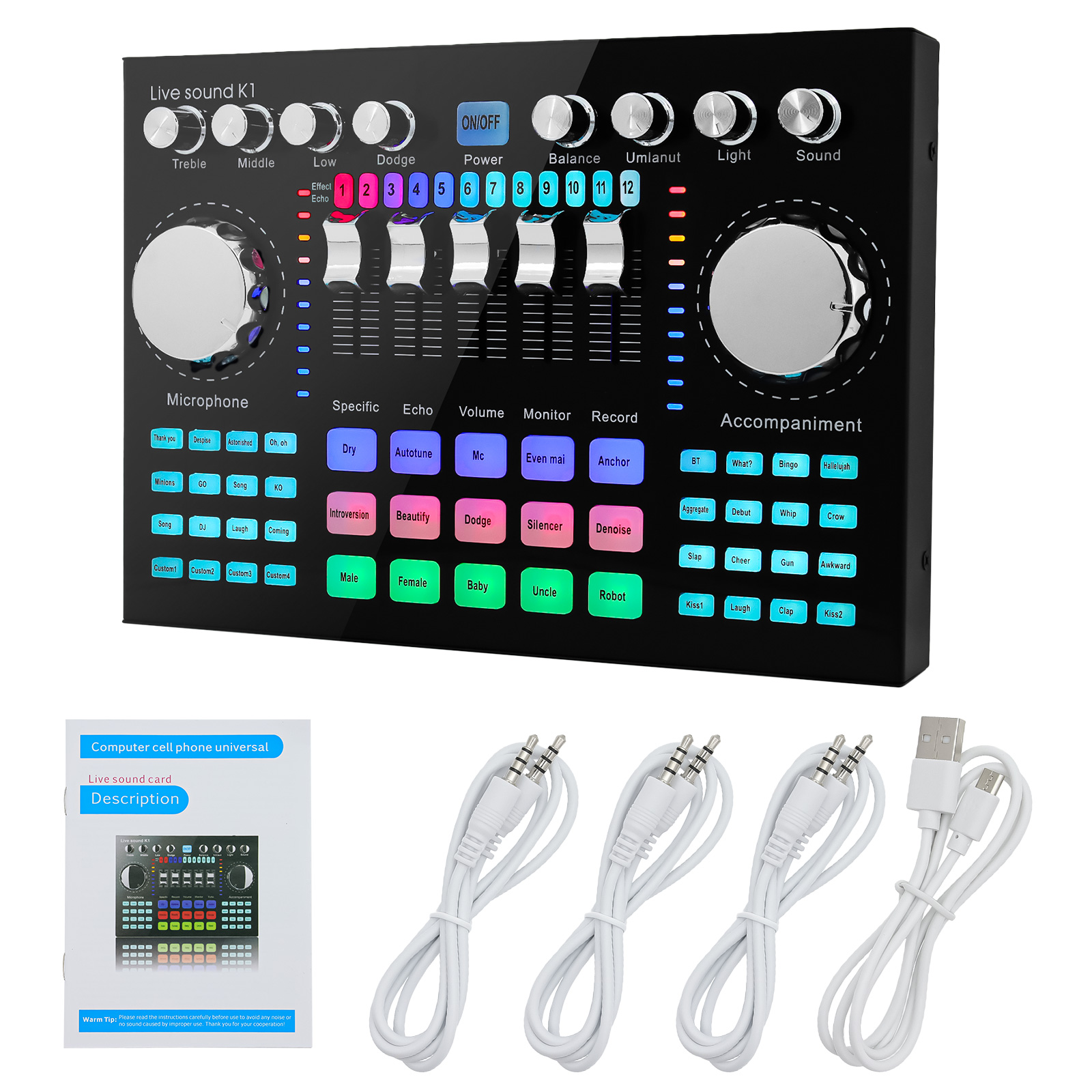 Audio Music Voice Changer - เครื่องผสมเสียง K1 สำหรับไลฟ์สด การ์ดเสียงสำหรับโทรศัพท์มือถือ เครื่องเปลี่ยนเสียงคาราโอเกะสำหรับการบันทึกการถ่ายทอดสด ดนตรี